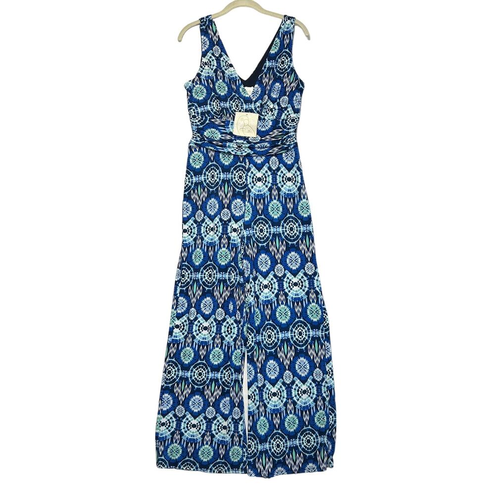 Pappagallo Multiprint Wide Leg Jumpsuit NWT Women's Sz S Blue Sleeveless V-Neck